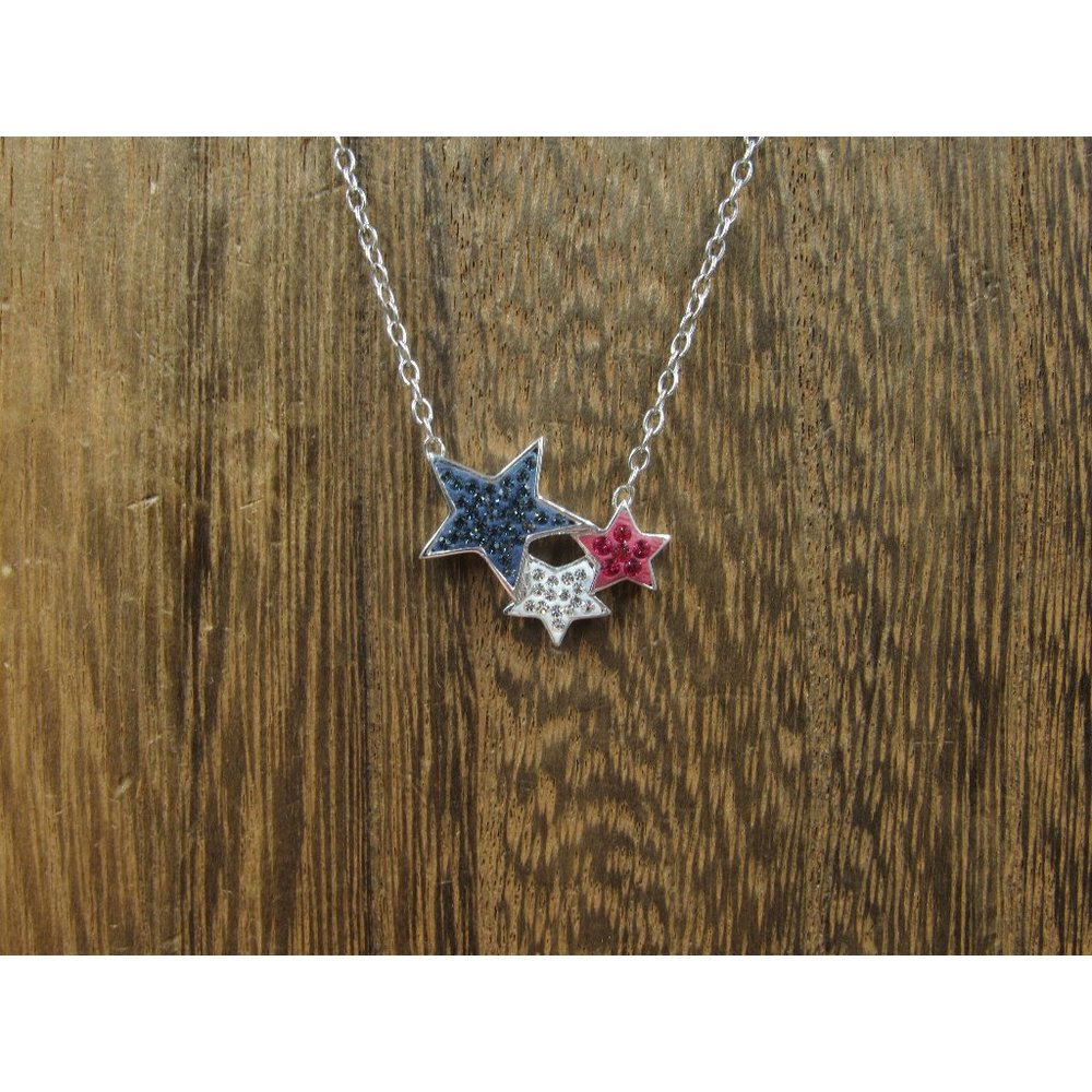16" Sterling Silver Red White Blue Crystal Stars Necklace Vintage Minimalist